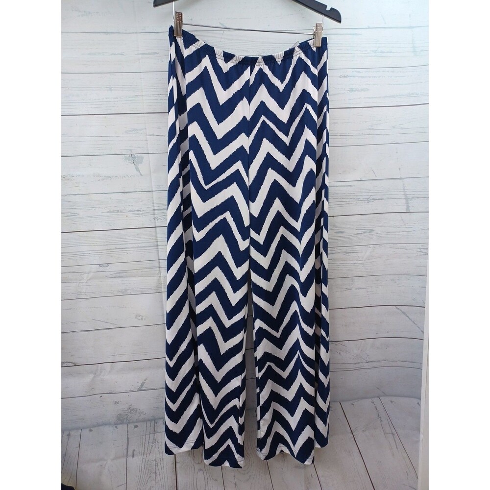 Sharagano Womens Wide Leg Palazzo Culotte Pants Chevron White Blue Stretch L